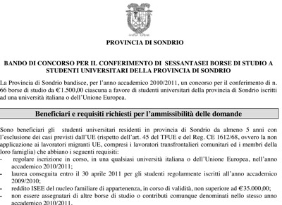 Provincia di Sondrio: 66 borse di studio per  universitari